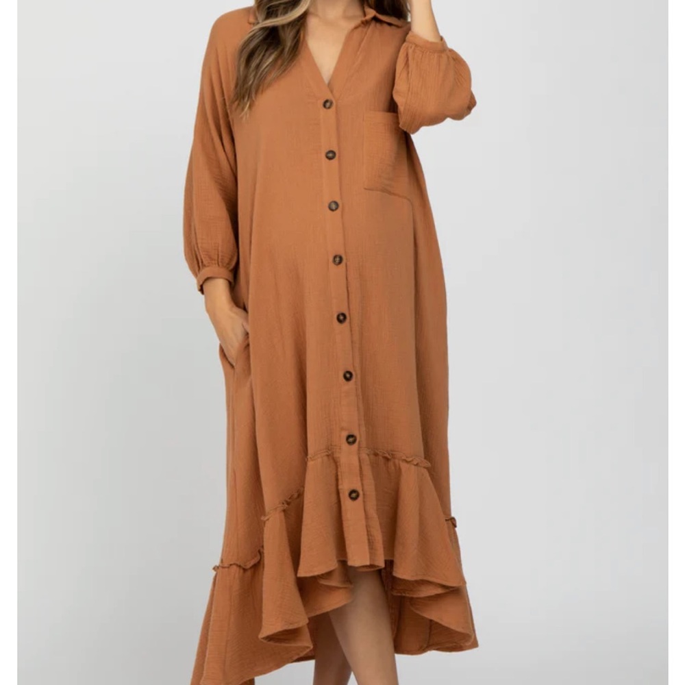 Camel Button Down Hi-Low Maternity Midi Dress